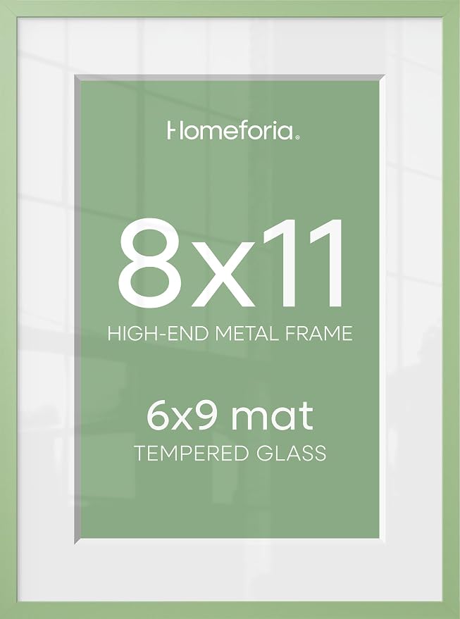 Homeforia 8x11 Picture Frame Sage Green, High End Metal 8 x 11 Poster Frames with Mat 6 by 9 Photo, 11x8 Frame Matted to 6x9 inch Art, 8by11 Wall or Tabletop Frames, Tempered Glass, Wall Kit, Set of 1