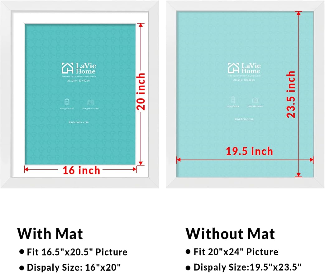 LaVie Home 20 x 24 Poster Frame White, Display Pictures 16x20 with Mat or 20x24 Without Mat, Stable and Sturdy Picture Frame and Polished Plexiglass, Horizontal and Vertical Format of The Wall（1 Pack）