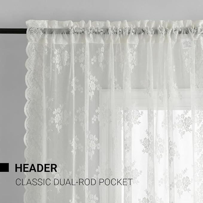 Kotile Lace Curtains 45 Inch Length - Short Lace Curtains for Kitchen Window, Vintage Sheer Cafe Curtain 2 Panels, Rod Pocket Rustic Floral Short Drapes, 52 x 45 Inch, 2 Panels, Ivory
