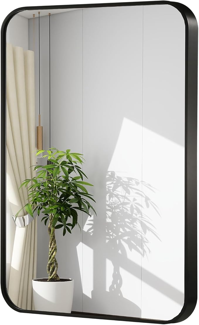 30x36 Inch Black Wall Mirror for Bathroom, Brushed Metal Framed Mirror with Rounded Corner, Rectangle Bathroom Vanity Mirror for Bedroom or Living Room, Horizontal/Vertical