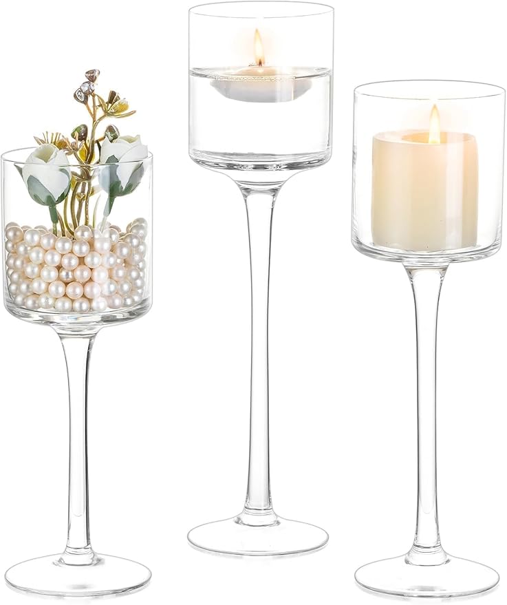 Tall Glass Candle Holder: Long Stem Floating Candle Holders for Tealight Votive and Pillar Large Clear Centerpieces for Wedding Table Party Home Set of 3