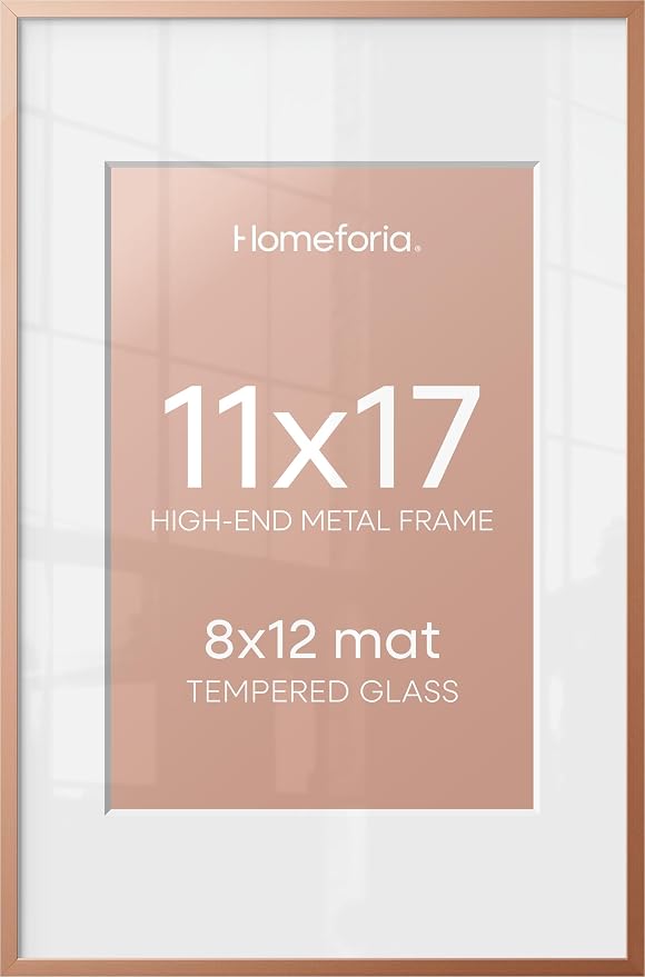 Homeforia 11x17 Picture Frame Rose Gold, High End Metal 11x17 Poster Frames with Mat 8x12 Photo, 11 x 17 Rose Gold Frames Matted to 8 by 12 Print, 17x11 Thin Frames, Tempered Glass, Wall Kit, Set of 1