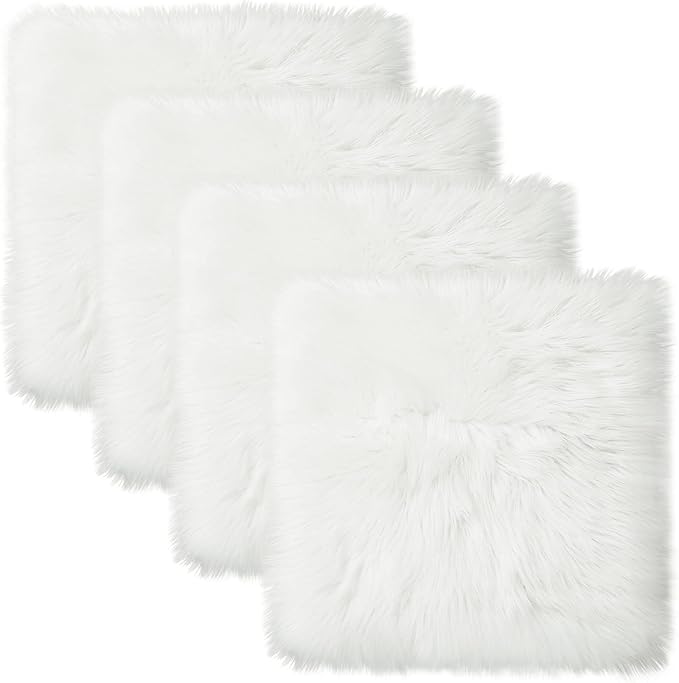 Softlife White Sheepskin Chair Cover 4 PCs Seat Cushion Pad Super Soft Area Rugs for Living Bedroom Sofa Dorm (1.6ft x 1.6ft)