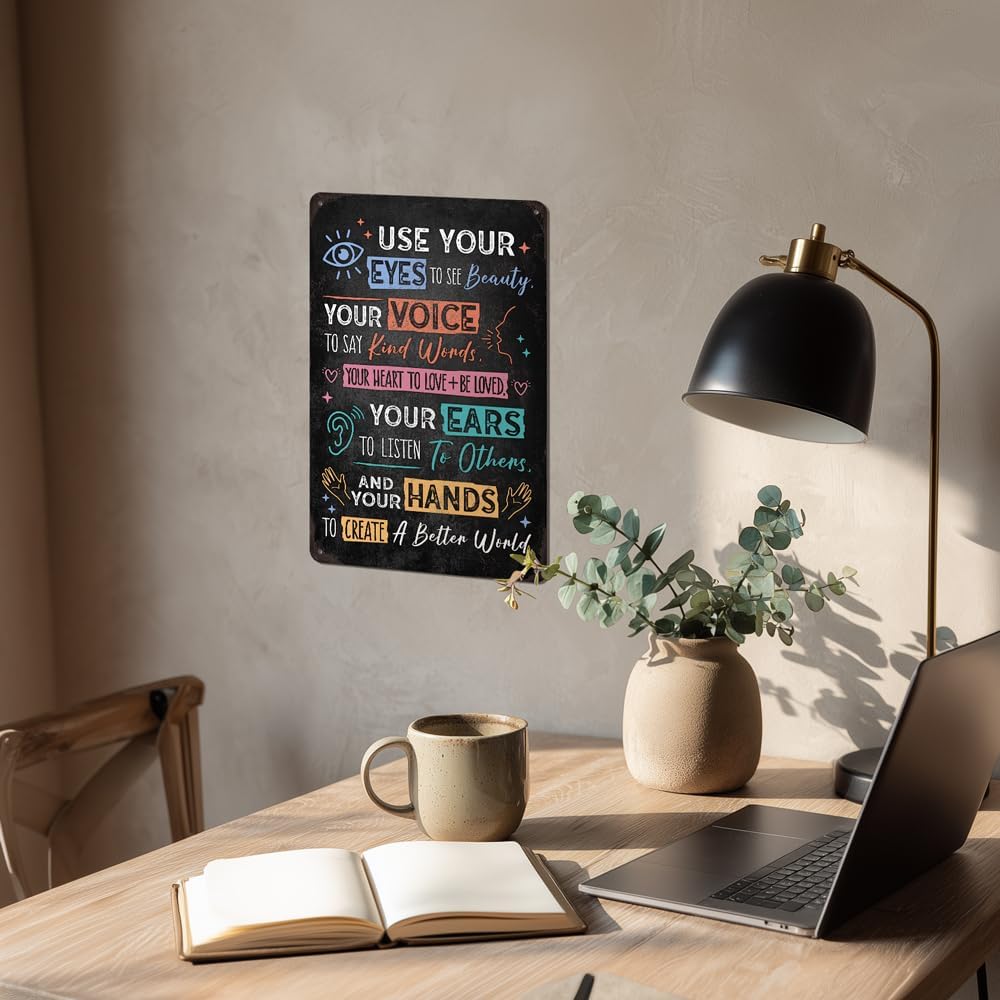 Heuhuww Vintage Positive Energy Wall Decor-Use Your Eyes To See Beauty Your Voice To Say Kind Words Metal Sign for Home Classroom Cafes Bedroom Positive Energy Gifts 8"x12"(H26)
