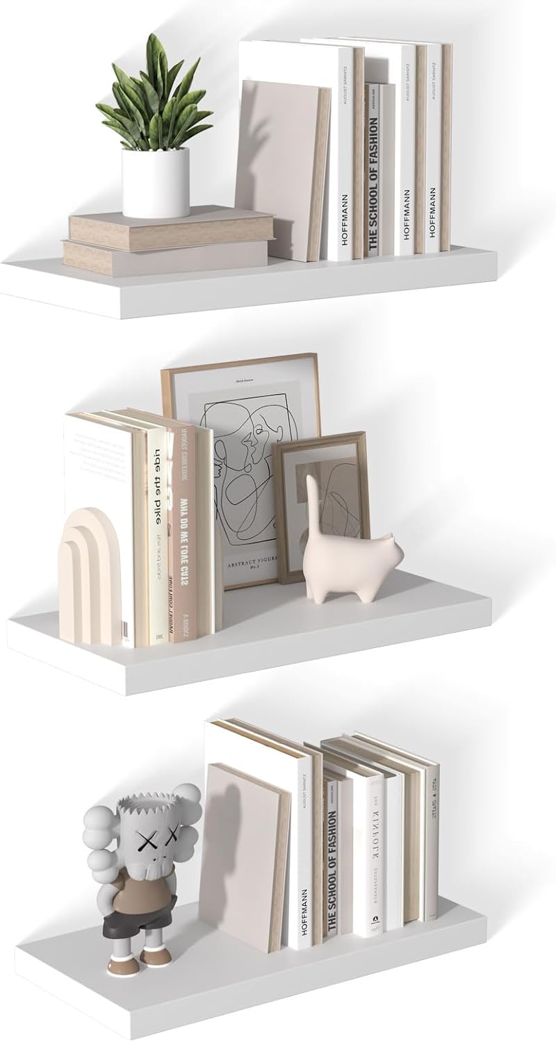 12 Inch Deep Floating Shelves for Wall 3 Pack White Floating Shelves Large Storage Space Wall Mount Shelf for Living Room Kitchen Bathroom 24" W x 12" D x 1.2" H White