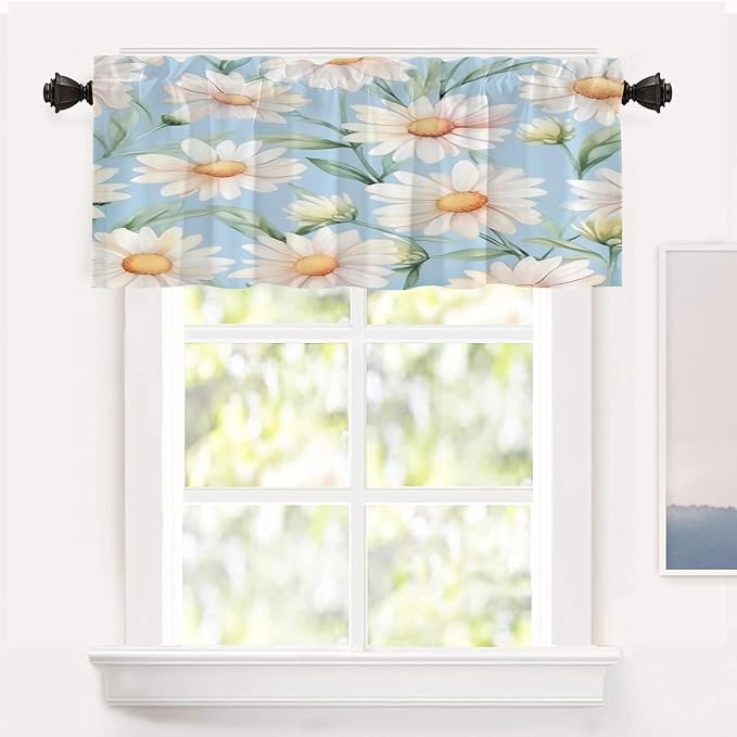 Shrahala Daisies Leaves Blackout Short Curtains for Windows, White Daisies On Blue Kitchen Valance Thermal Insulated Rod Pocket Window Treatment for Bathroom 52 X 18 in