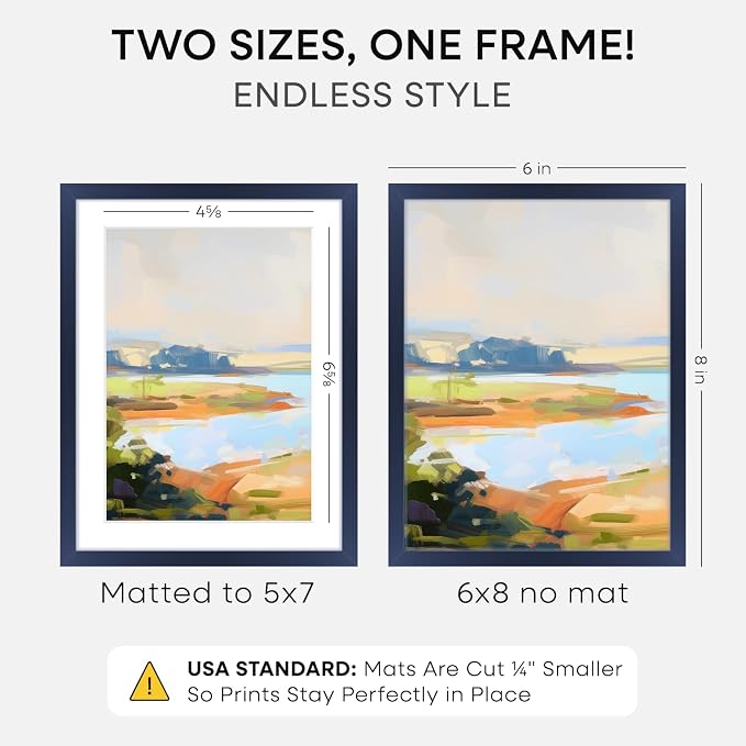 Homeforia Navy Blue 6x8 Picture Frame, High End Metal 6 x 8 Frames with Mat 5 x 7 for Print, 6by8 Desk Frame Matted to 5x7 inch Photo, 6 by 8 Wall or Tabletop Frame, Tempered Glass, Wall Kit, Set of 2