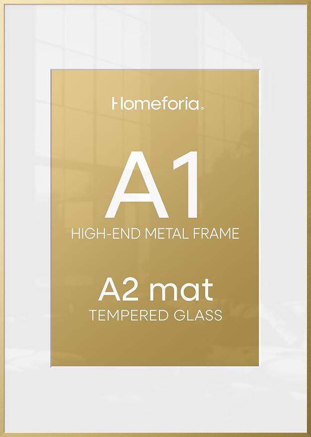 Homeforia A1 Poster Frame Gold, High End Metal 23.4 x 33.1 inches Large Picture Frames with Mat 16.5 x 23.4 for Photo, A1 Size Frames Matted to A2 Print, 23.4x33.1 Thin Frame, Tempered Glass, Set of 2