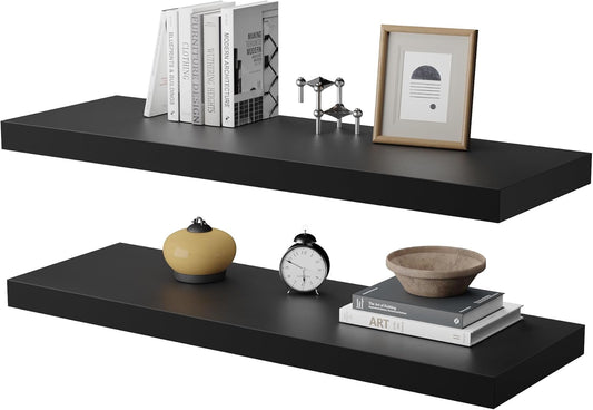 Large Floating Shelves for Wall Set of 2 Wooden Wall Shelves 24 in x 12.75 in x 2 inRoom Decor Long Shelf with Invisible Wall Mount Bracket for Bedroom Kitchen Living Room Black