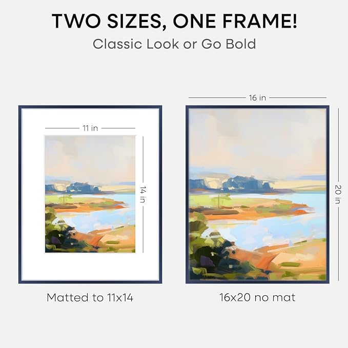 Homeforia 16x20 Navy Blue Picture Frame, High End Metal 16x20 Poster Frames with Mat 11x14 inch Photo, 16 x 20 Navy Blue Frame Matted to 11 by 14 Print, 20x16 Frame, Tempered Glass, Wall Kit, Set of 2