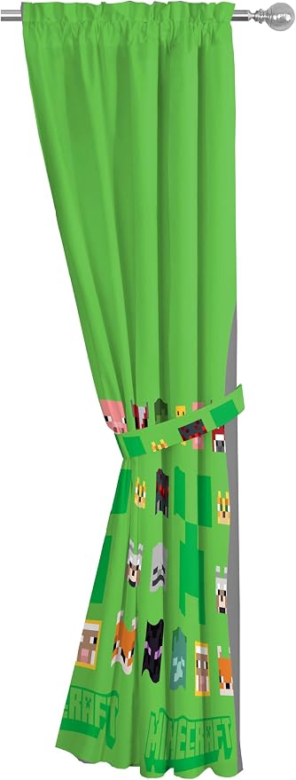 Sunny Side Up Window Curtains for Kids Bedroom 4-Piece Drape Set with 2 Tiebacks, Green - Minecraft, 42" W x 84" L (Pack of 2)