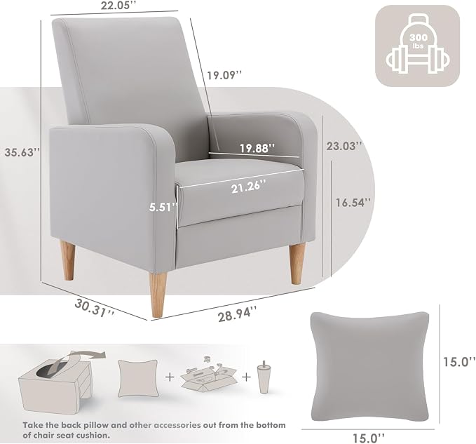 COLAMY Mid-Century Modern Accent Chairs Set of 2, Faux Leather Upholstered Living Room Chairs with Back Pillow & Solid Wood Legs, Comfy Armchair for Living Room, Bedroom, Single Sofa, Light Grey