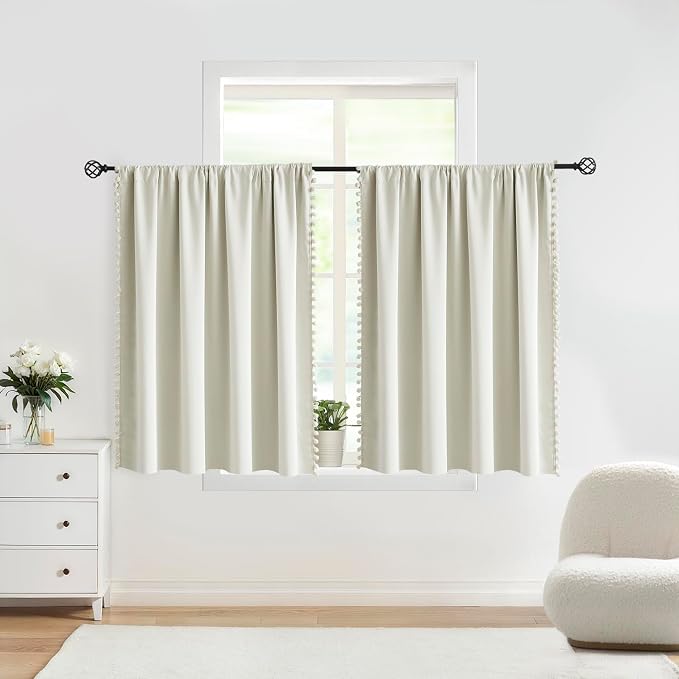 Treatmentex Pompom Blackout Window Curtain Panels Natural Ivory Full Blackout Curtains for Bedroom Basement Small Windows 52" W x 45" L 2 Panels Rod Pocket