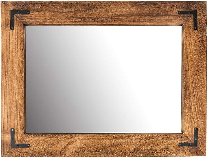 YOSHOOT Rustic Wooden Framed Wall Mirror, Natural Wood Bathroom Vanity Mirror for Farmhouse Decor, Vertical or Horizontal Hanging, 32" x 24", Brown