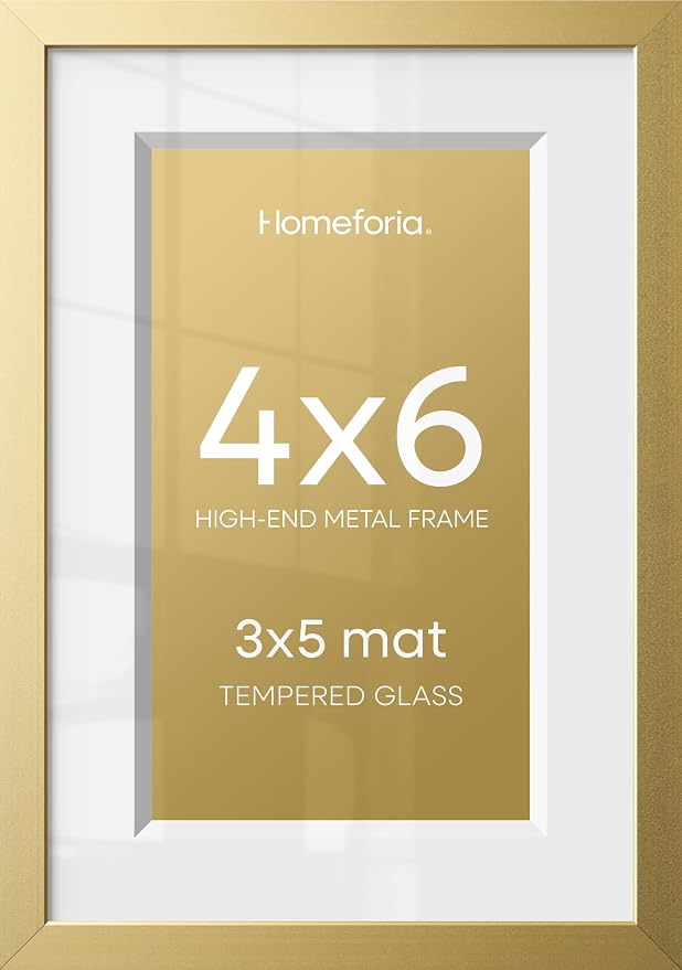 Homeforia 4x6 Picture Frame Gold, High End Metal 4 x 6 Gold Frames with Mat 3 x 5 for Print, 4by6 Desk Frame Matted to 3x5 inch Photo, 4 by 6 Wall or Tabletop Frame, Tempered Glass, Wall Kit, Set of 1