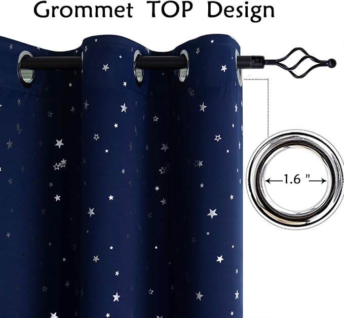 BGment Kids Blackout Curtains for Bedroom - Grommet Thermal Insulated Silver Star Print Room Darkening Curtains for Kids Room, Set of 2 Panels, 38 x 84 Inch, Navy Blue