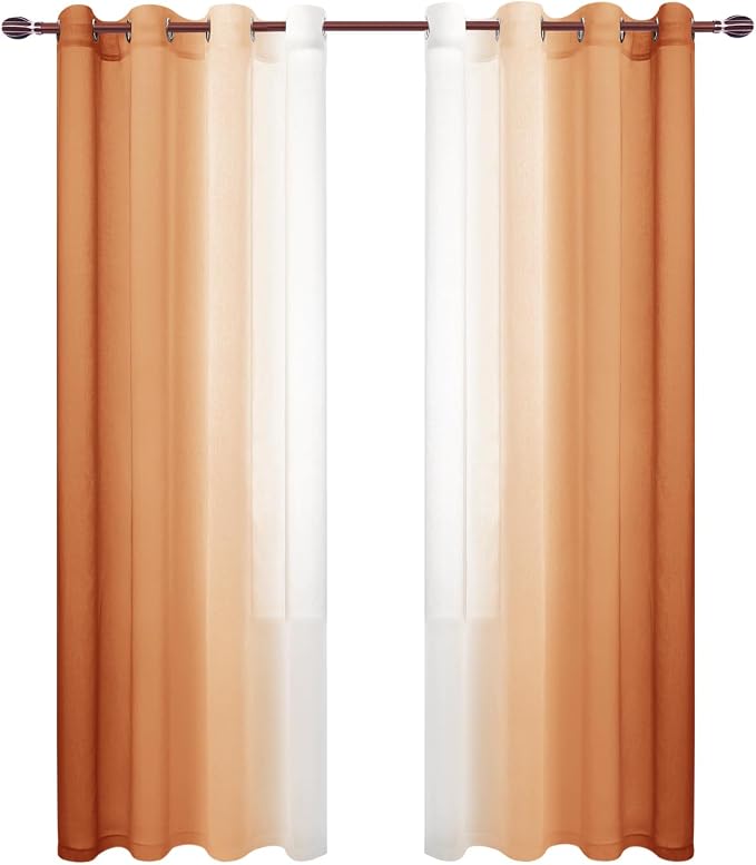DWCN Orange Faux Linen Ombre Sheer Curtains - 84 inches Long Autumn Gradient Semi Voile Curtains for Bedroom and Living Room, Set of 2 Grommet Top Window Curtains, 52 x 84 Inches Long, Sunset Orange
