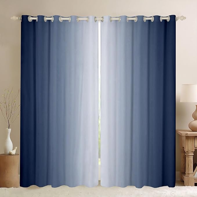 jejeloiu (2 Panels, 52 x 63 Inch Navy Blue and White Darkening Drapes Gradient Style Curtains for Bedroom for Kids Women Men Ombre Printed Blackout Curtains Geometric Window Treatments