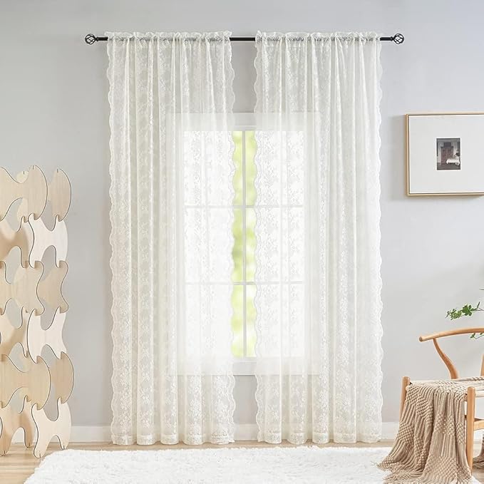 YJ YANJUN Vintage Lace Curtains 94 Inches Long- Antique Flowers Ivory Sheer Curtain Panels for Living Room Bedroom French Door, Light Filtering Drapes, 2 Panels 52W x 94L Cream