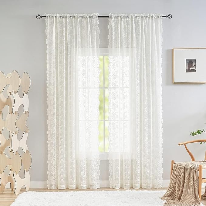 YJ YANJUN Vintage Lace Curtains 120 Inches Long-Antique Floral Ivory Privacy High Ceiling Sheer Curtain Panels for Dining Room, Patio Door, Large Windows - Rod Pocket 52x120 10 FT Tall Cream