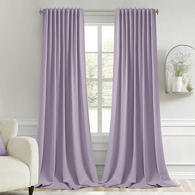 MIULEE Lilac Back Tab Blackout Curtain 96 Inch Long 2 Panels Set for Bedroom, Rod Pocket/Pinch Pleat Thermal Insulated Living Room Darkening Pleated Light Blocking Floor to Ceiling Drape