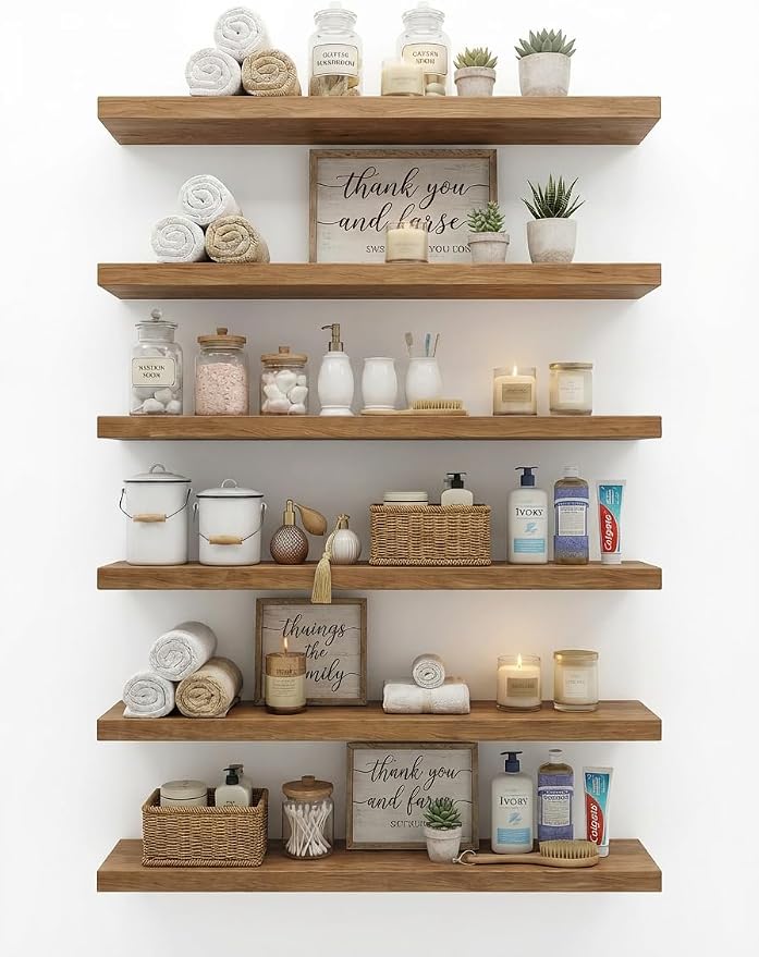 ROGMARS 36 Inches Long Walnut Floating Shelves | Rustic Solid Wood Farmhouse Wall Shelves with Invisible Brackets for Bathroom, Living Room, Bedroom, Kitchen Set of 6