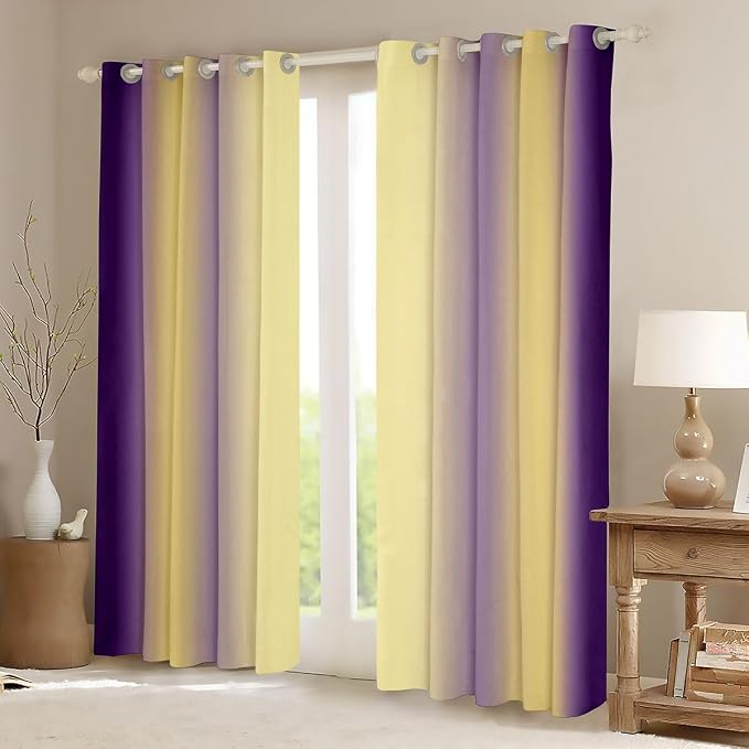 jejeloiu (2 Panels, 52 x 63 Inch Purple and Yellow Darkening Drapes Gradient Style Curtains for Bedroom for Kids Women Men Ombre Printed Blackout Curtains Geometric Window Treatments