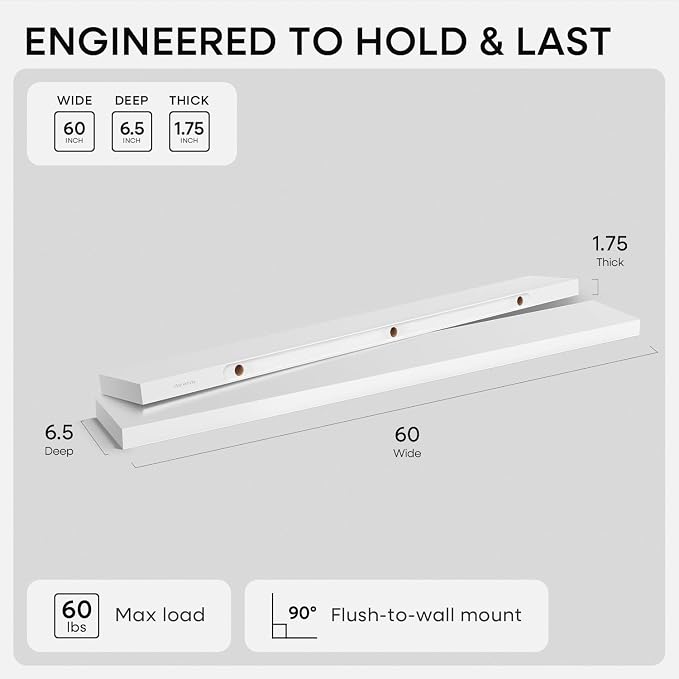 Homeforia Floating White Shelf 60 inches, High End Solid Real Wood 60inch Long Floating Shelves for Wall Mounted, White Wooden 60in Floating Shelves, Heavy Duty Bracket, 60 X 6.5 X 1.75 inch, Set of 3