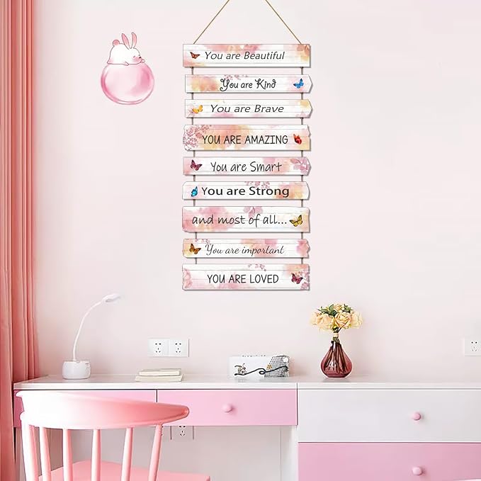 JEVUVU Butterfly Girls Room Decor, Pink Wall Decor for Baby Girl, Girl Bedroom Decor Art Signs, Trendy Stuff Decorations for Kids Nursery Bed Room Dorm Classroom Bathroom