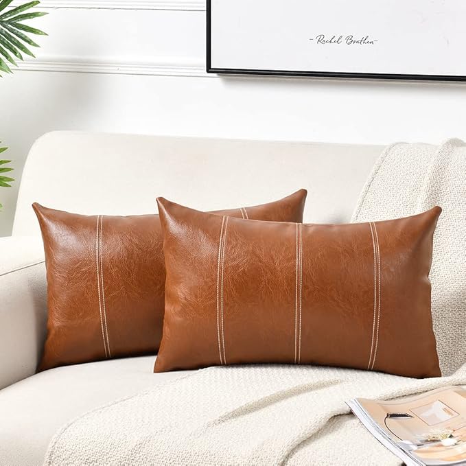 Fancy Homi Brown Boho Long Lumbar Faux Leather Decorative Throw Pillow Covers 14x24 Inch for Living Room Couch Bed Sofa, Hand Stitched Rectangle Cushion Case, Rustic Modern Farmhouse Home Decor