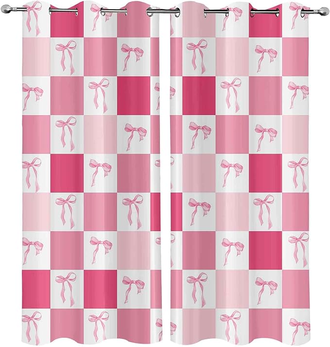 LUVIVIHOME Pink Bow Blackout Curtains, Buffalo Plaid Curtains for Girls Bedroom Living Room, Aesthetic Bowknot Girly Cute Preppy Coquette Room Decor, Grommet Window Drapes 2 Panel Sets, 52x84 Inch