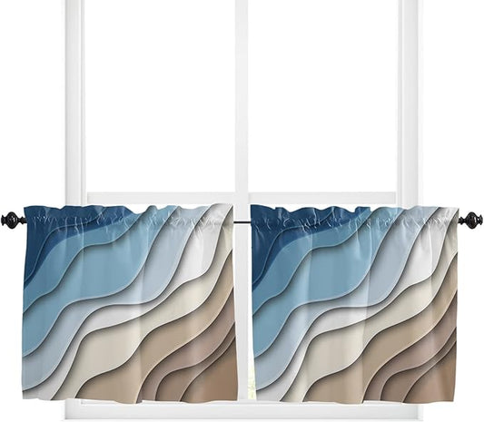 36 Inch Long Tier Curtains for Kitchen, Abstract Geometric Blue Brown Gradient Waves Beach Bathroom Window Curtains Rod Pocket Short Curtains Window Treatment Tiers for Living Room Farmhouse 2 Panels