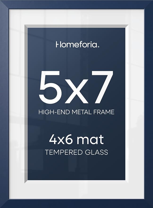 Homeforia 5x7 Picture Frame Navy Blue, High End Metal 5 x 7 Frames with Mat 4 x 6 for Print, 5by7 Desk Frame Matted to 4x6 inch Photo, 5 by 7 Wall or Tabletop Frame, Tempered Glass, Wall Kit, Set of 1