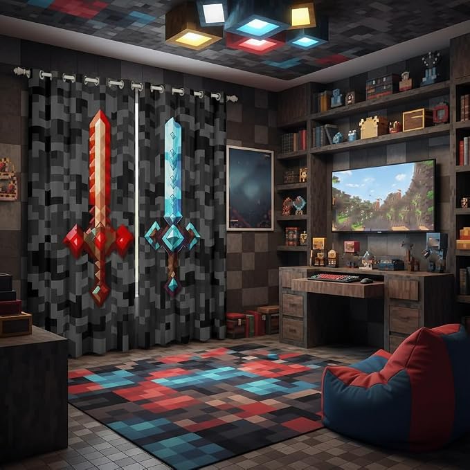 Castle Fairy Red Blue Sword Bedroom Decor Curtains,Sandbox Building Games Window Curtain,Kids Teens Pixelated Style Swords Window Treatment Grey Black Camo Blackout Drapes 2 Panels,52Wx90L