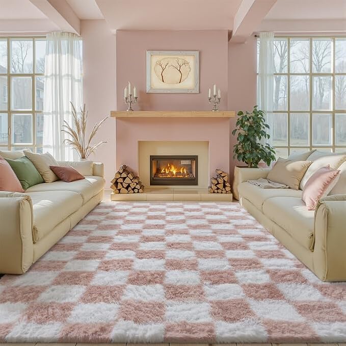 PureCozy 8'x10'+2'x6' Pink Shag Rug Set of 2 with Runner for Living Room Bedroom Home Aesthetic Decor