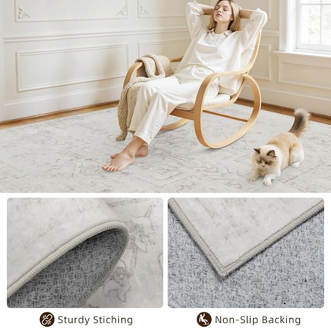 5x7 Area Rugs for Living Room: Vintage Boho Neutral Washable Rug Indoor Soft Large Area Rug Carpet for Bedroom Nursery Farmhouse Dining Room Office Floor Non-Slip Low Pile Under Table Neutral Cream