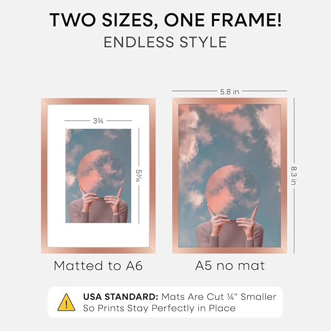 Homeforia A5 Frame Rose Gold, High End Metal 5.8 x 8.3 Picture Frames Matted to 4.1 by 5.8 inch Art, A5 Display Photo Frame with Mat A6, 5.8x8.3 Rose Poster Frames, Tempered Glass, Wall Kit, Set of 1