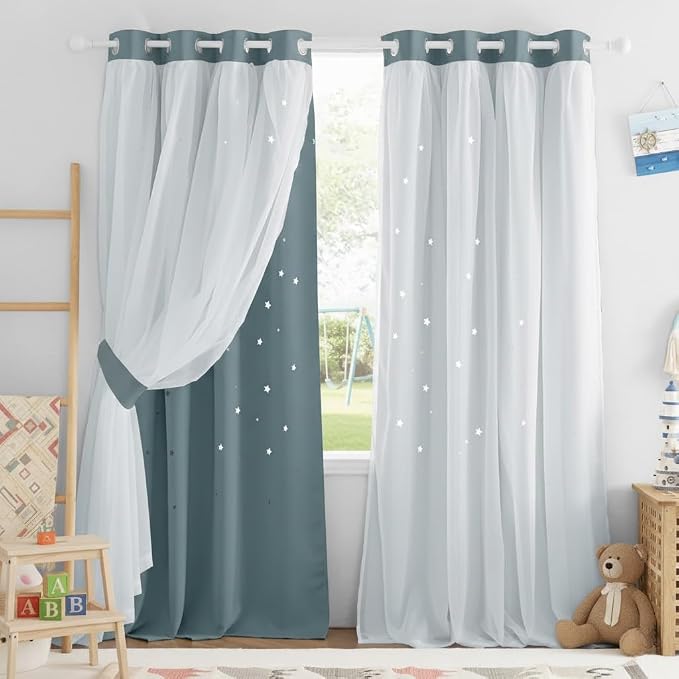 NICETOWN Nursery Curtains for Boys Bedroom Kids Baby Room Decor Cute Double Layer Star Cutout Curtains Room Darkening Window Curtains for Nursery (Stormy Sea, 52W x 84L,2 Panels)