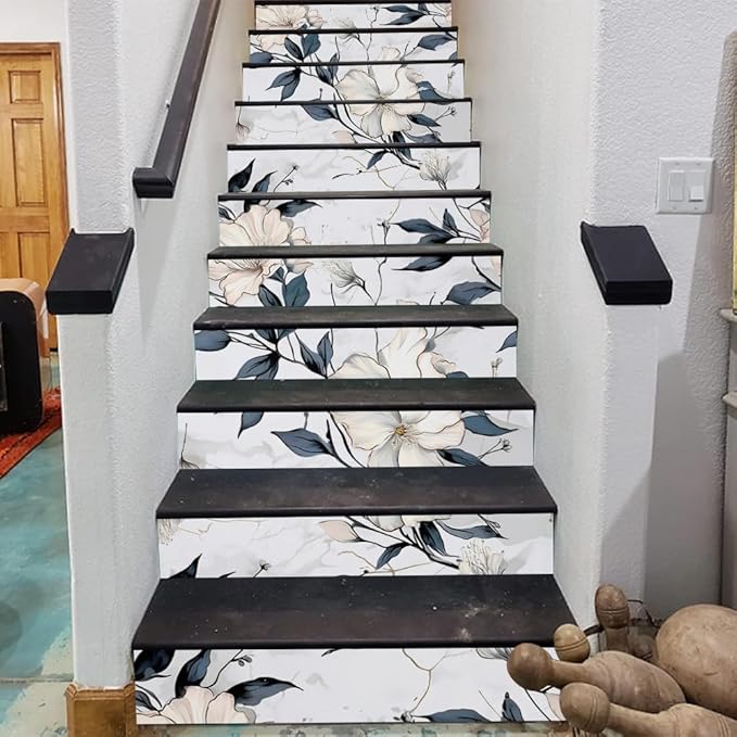 REDAMANCY Abstract White Marble Floral Dark Navy Leaf Vintage Peel and Stick Vinyl Stair Riser Decals Staircase Tile Stickers Decor Modern Marble Decoration Self-Adhesive(14 Pcs)