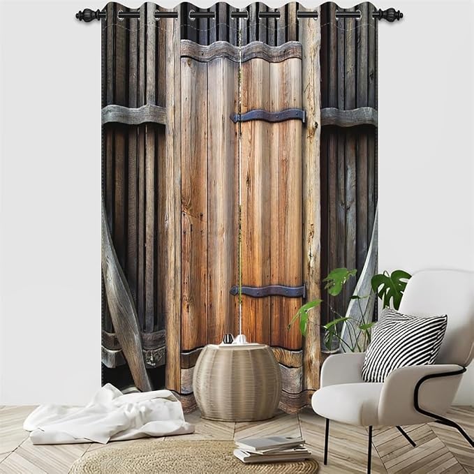 Rustic Farm Kitchen Curtains Farmhouse Old Wooden Door Vintage Barn Door Blackout Window Drapes for Living Room Bedroom Rural Room Darkening Window Treatment,26x84 inch,2 Panels