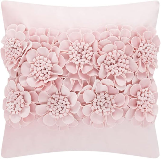 JWH Handmade 3D Flower Throw Pillow Covers Aesthetic Decorative Floral Accent Pillow Cases Stereo Velvet Pillowcase Cute Cushion for Car Bed Couch Bedroom Decor 18x18 Inch Light Pink