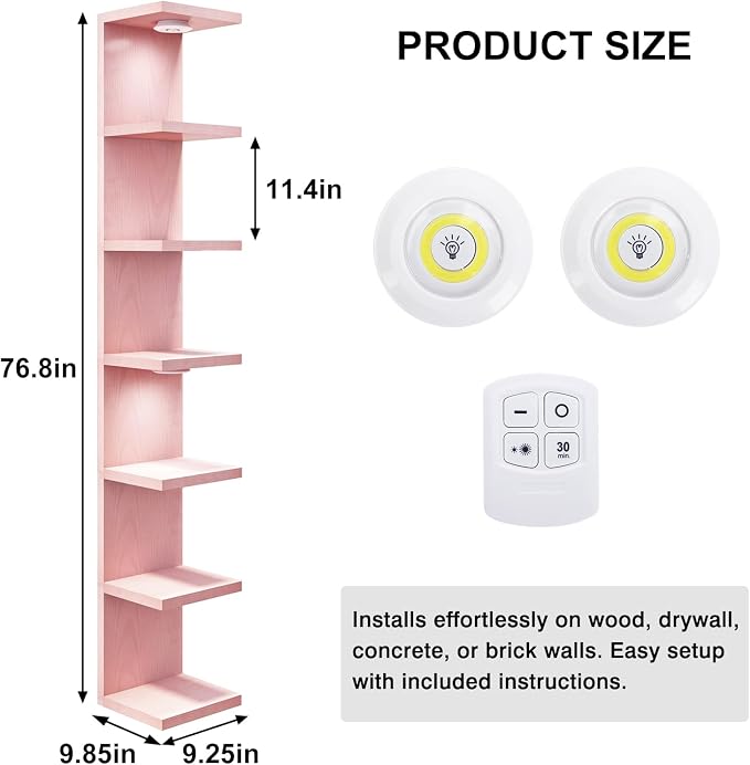 Fixwal 7 Tier Wall Shelf Unit Floating Shelves with LED Lights Lack Wall Shelf for Home Decor Organizer Display Pink