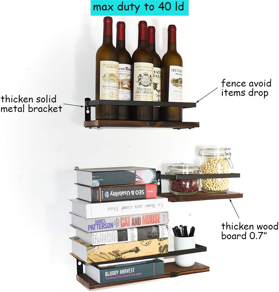 Floating Shelves Rustic Wood Wall Mounted Shelf Practical Metal Fence Design Ideal for Bedroom, Bathroom, Kitchen Set of 3(Brown)