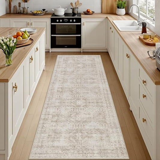 2'6''x8' Hallway Washable Runner Rug: Vintage Boho Neutral Kitchen Rug Soft Small Area Rug Indoor Floor Non-Slip Low Pile Carpet for Farmhouse Entryway Laundry Bathroom Bedroom Beside Rugs Brown