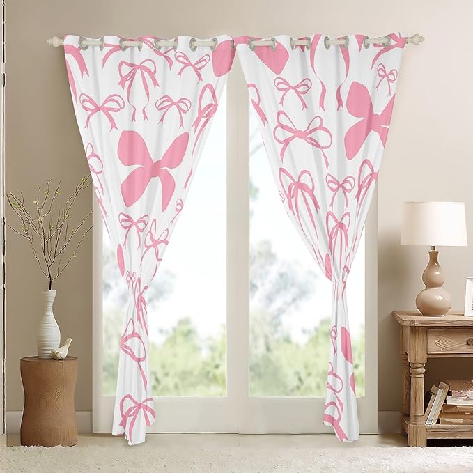 Feelyou Bow Room Darkening Blackout Curtain (2 Panels, 52 x 84 Inch) Black Cute Bowknot Curtains for Bedroom Living Room Pink Girls Bow Blackout Curtains Kawaii Bow Window Treatments