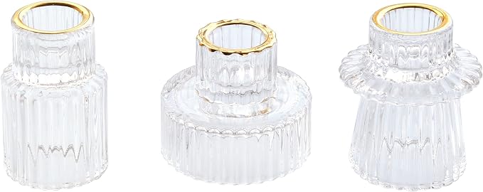 Vixdonos Taper Glass Candlestick Holders Tealight Candle Holders for Table Centerpieces, Wedding Decor and Dinner Party (3 Pcs, Gold Rim Clear)