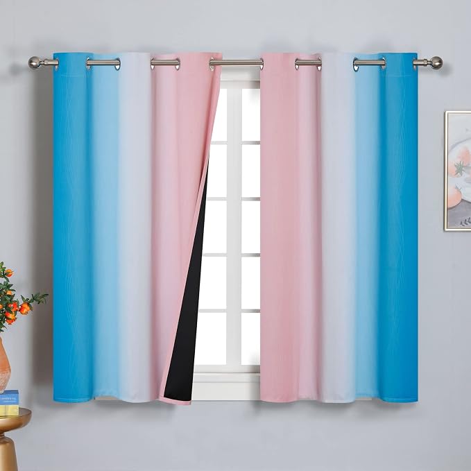 Ombre Pink and Blue Blackout Curtains 45 Inches Long, Full Light Blocking Curtains for Bedroom, Wavy Line Pattern Grommet Thermal Insulated Gradient Drapes for Living Room,42x45 Inch, 2 Panels