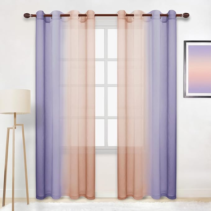 DWCN Ombre Sheer Curtains - Faux Linen Semi Voile Grommet Top Gradient Curtains for Bedroom and Living Room, Set of 2 Window Curtain Panels, 52 x 84 Inch Length（Pink and Lalic Purple