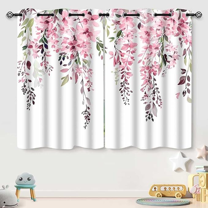 Pink Watercolor Floral Curtains, 52x63 inch, 2 Panels | Botanical Leaves Vine Flowers, Rustic Farmhouse Style, Blackout Window Treatment, For Bedroom Living Room