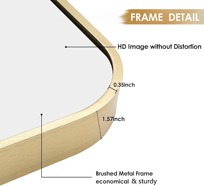 48x30 Inch Gold Bathroom Mirror, Brushed Brass Gold Metal Framed Rectangular Mirror with Rounded Corner, Bathroom Vanity Mirror for Bedroom or Living Room, Horizontal/Vertical